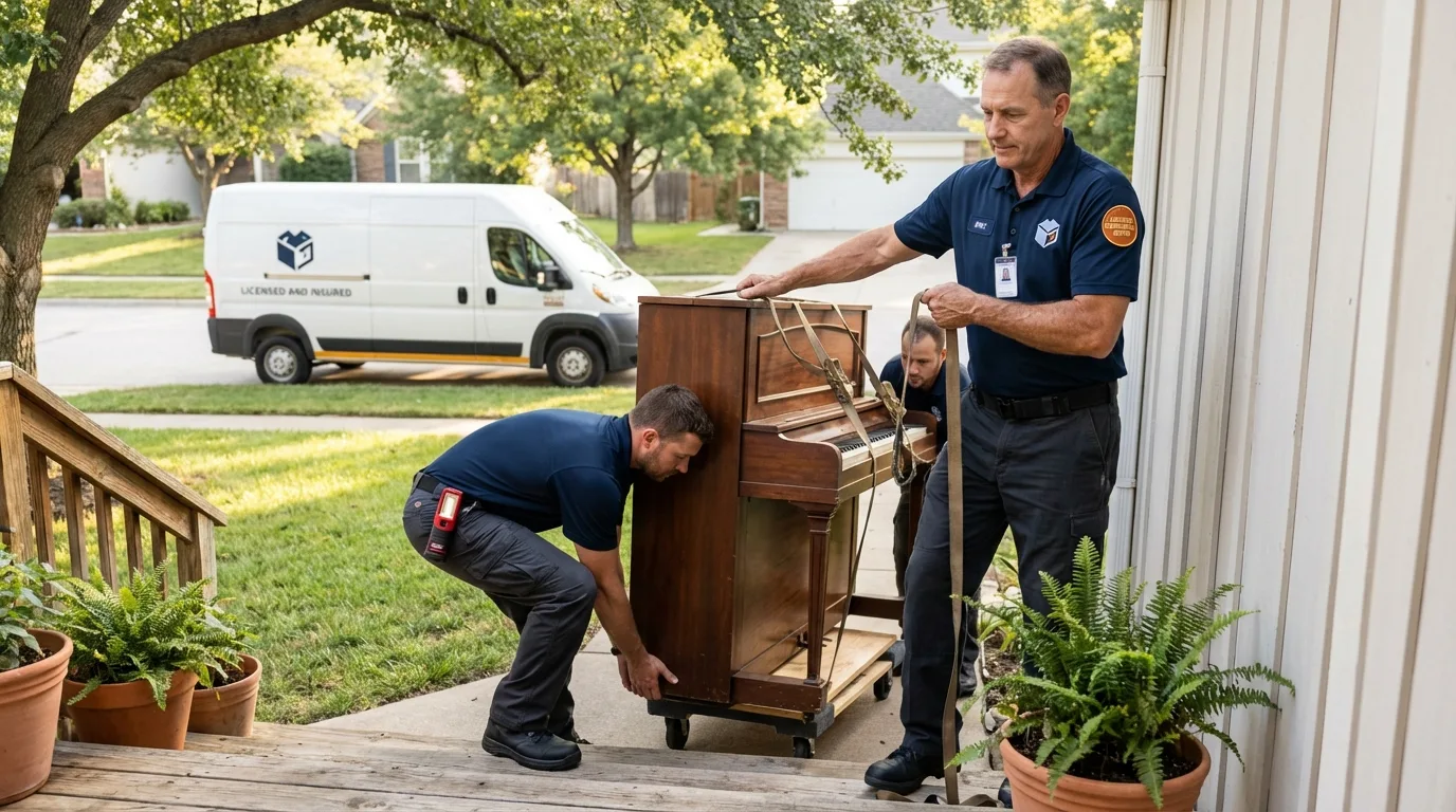 Licensed piano movers securing grand piano in Warrenton, OR