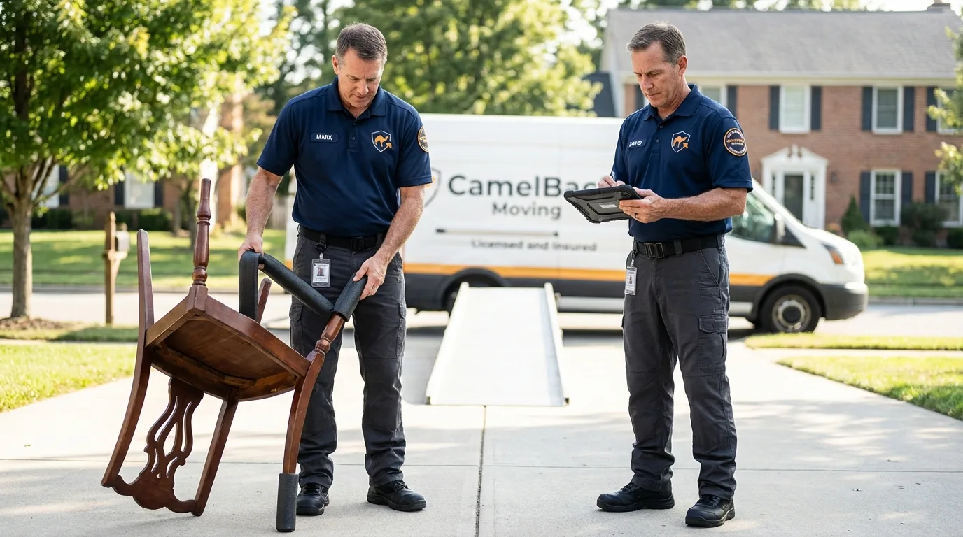 Movers inspecting furniture for damage prevention before loading in Warrenton, OR