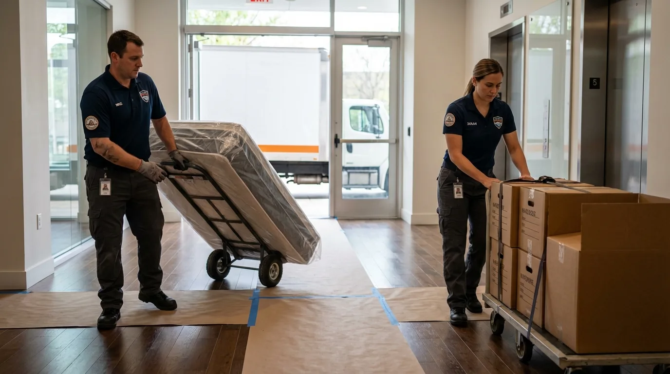 Professional apartment movers loading elevator in Warrenton, OR