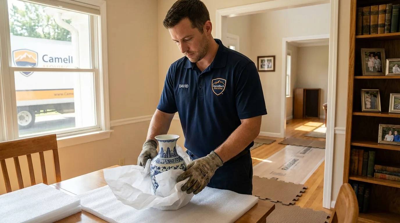 Professional crew carefully wrapping antique vase for senior downsizing move in Warrenton, OR